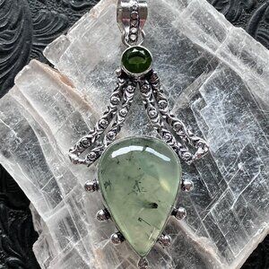 Witchy Green Epidote Included Prehnite Crystal Stone Jewelry Pendant